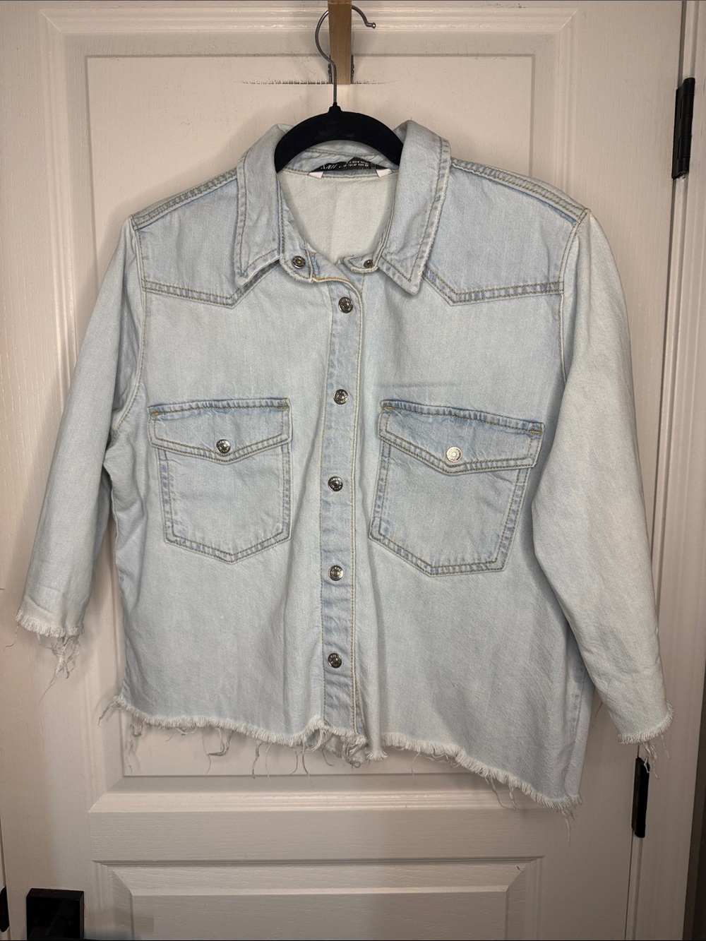 Zara Pale Blue Boxy Denim Jacket with Frayed Hem